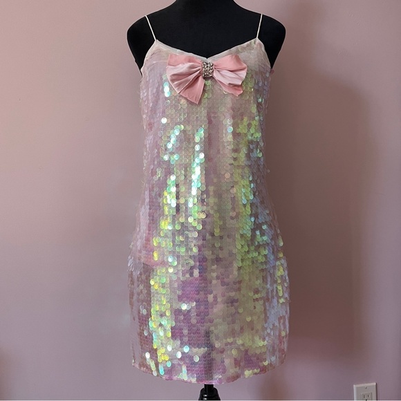 NEW! LoveShackFancy- Kumi Sequin Statement Dress Pink Iridescent Size Small - Picture 6 of 16